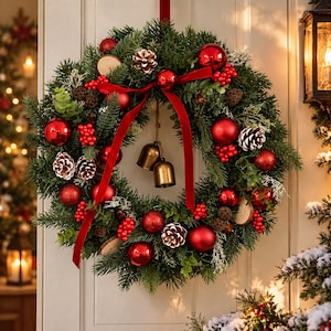 Op de afbeelding: Een ronde kerstkrans van groene dennentakken, versierd met glanzende en matte rode kerstballen, rode bessen, dennenappels met witte randen, kleine houten schijfjes en een rood fluwelen lint met twee hangende koperen belletjes.