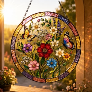 Op de afbeelding: Een ronde glas-in-lood zonnevanger met een levendig bloemstuk met een rode centrale bloem, blauwe, roze en witte bloesems en groen blad. Twee vlinders met oranje en blauwe vleugels zitten tussen de bloemen in het glazen ontwerp.