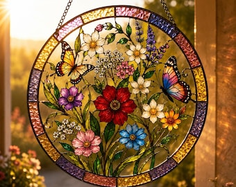 Charming Schmetterling 3D Suncatcher Glasmalerei Sonnenblume Iris Blume Herbst Garten Fenster Hängen Mom Geschenk