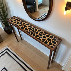 Narrow Entryway Table with Turkish Tile – Slim Console Table for Small Spaces, Handmade Wood Hallway Furniture, Rustic Boho Decor