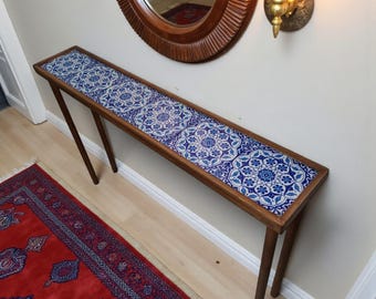 Narrow Entryway Table with Turkish Tiles, Rustic Slim Console, Wooden Narrow Ottoman Table, Vintage Hall Desk, Housewarming Gift