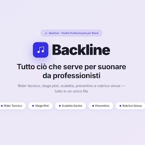 Puede incluir: Diseño gráfico digital con la palabra "Backline" en negrita, acompañada de un cuadrado azul con un icono de nota musical. El texto debajo dice "Tutto ciò che serve per suonare da professionisti."