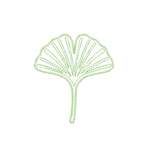 May include: A light green ginkgo leaf design on a white background. The leaf is detailed with a series of parallel lines and a textured outline, creating a delicate, botanical illustration. The stem extends downwards.