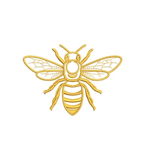May include: A golden yellow machine embroidery design of a honeybee. The bee features a detailed outline with stitched wing patterns, a segmented abdomen, and six legs. The design is rendered in a single color thread against a plain white background.
