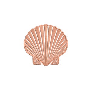 May include: A peach-colored embroidered scallop shell patch featuring a fan-shaped design with radiating vertical ridges and a scalloped top edge. The embroidery is detailed with a thick border and distinct lines creating a textured appearance.
