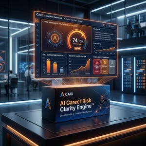 May include: A digital display shows a career risk dashboard with a score of 74/100, labeled "High Exposure." Below, a box displays "CAIX AI Career Risk Clarity Engine" with the tagline "Deterministic AI Underwriting System."