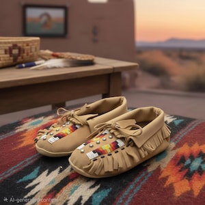May include: A pair of tan suede moccasins featuring fringe detailing along the sides and a decorative beaded panel on the top. The beaded design incorporates a geometric pattern in white, red, yellow, and black, accented by small silver-toned metal studs.