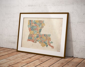 Louisiana by County - Typography Print