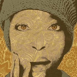 May include: A portrait of a person with brown eyes and a patterned face. The person wears a textured, olive-green hat. The face is decorated with a gold and beige floral design. The background features a similar gold floral pattern.