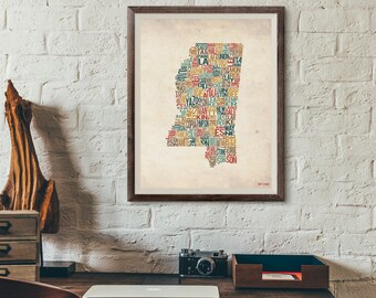 Mississippi efter län - Typografitryck