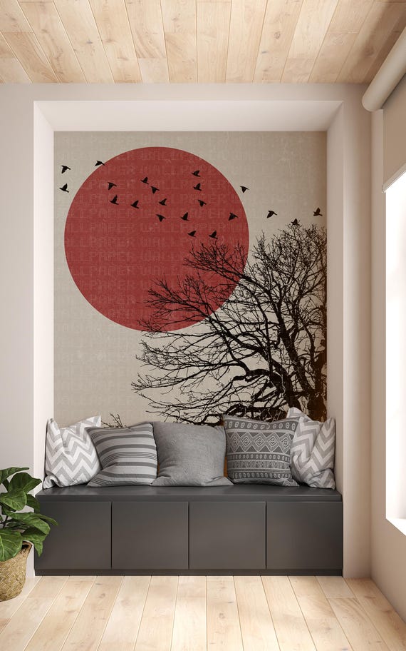 A Tree and Birds Against The Red Sunset Wallpaper, Tenant Friendly Peel and Stick Decorative Paper, Wallpaper specifically for tenants