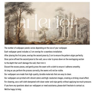 Op de afbeelding: Een muurbehang met een sepia-kleurig landschap met klassieke Griekse ru&iuml;nes, hoge bomen en rotsachtig terrein. Het woord "arterior" staat in grote witte letters in het midden gedrukt, met "WALLPAPER" in kleinere tekst eronder.