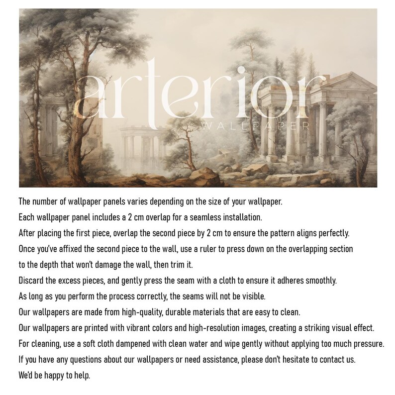 Op de afbeelding: Een muurbehang met een sepia-kleurig landschap met klassieke Griekse ru&iuml;nes, hoge bomen en rotsachtig terrein. Het woord "arterior" staat in grote witte letters in het midden gedrukt, met "WALLPAPER" in kleinere tekst eronder.