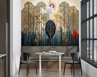 Modern Geometric Tropical Lanscape Wallpaper, Tropical Tenant Friendly Peel and Stick Wallpaper, Tree Wallpaper Specifically For Tenants