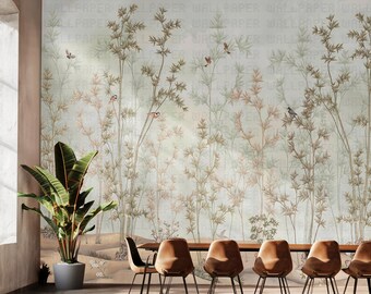 Japanese Garden Trees and Birds Wallpaper, Tenant Friendly Peel and Stick Wall Decor, Wallpaper Specifically For Tenants, Trees Wallpaper