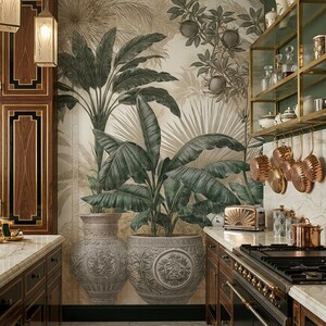 May include: A kitchen interior featuring a wall mural of large potted tropical plants, dark wood cabinetry with gold trim, a black range stove, copper cookware hanging on a rack, and a marble countertop with a metallic toaster and copper pot.