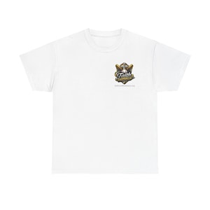 May include: White t-shirt with a small graphic on the front. The graphic includes the words "Faith Fastballs" with a cross and baseballs. The website address, faithandfastballs.org, is also printed below the logo.