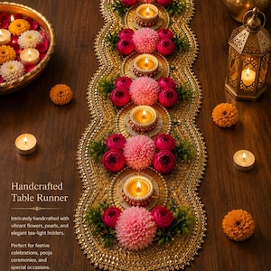 Gold Beaded Scalloped Table Runner – Handcrafted Festive Décor