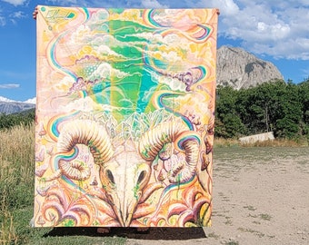Rainbow Regeneration Tapestry: Fantasy Ram Skull Art, Cotton Wall Hanging (51x60)