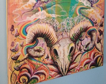 Bighorn sheep rainbow mushroom crystal painting canvas ready to hang art for your walls