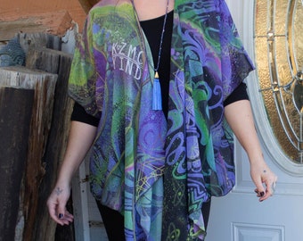 Trippy Graffiti Kimono: Colorful Abstract Chiffon Scarf Vest