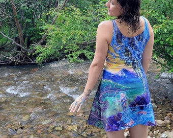 Wearable Art Dress: Buddha-Fly Waterfall Painting, Colorful Print
