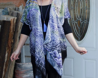 Cosmic Galaxy Print Chiffon Kimono with Fringe