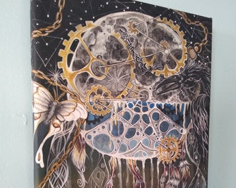 Cosmic Moon Art Canvas: Lunar Moth & Crow Wall Decor (9" x 12")