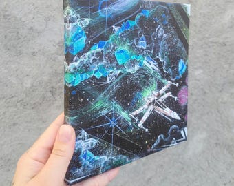 Starwars painting cosmic galaxy clouds with x-wing and crystals