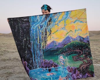 Buddha-fly Waterfall Tapestry: Colorful Art Wall Hanging