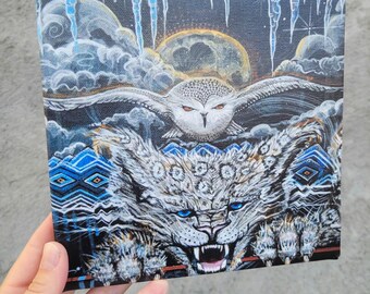 Snow Leopard & Owl Art: Mystical Winter Scene Mini Canvas