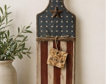 Hand-Painted Vintage Cutting Board | Americana Flag Decor, Rustic Farmhouse Star Accent