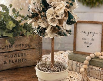 Fabric Topiary Tree | Green Beige Burlap Rag Ball Decor, Terracotta Pot Accent