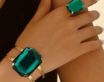 Bracelet Ring Set with Large Square Green Black Rhinestones Women's Jewelry Set