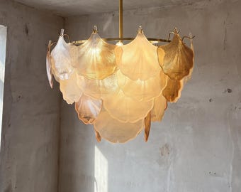 Luxury Murano Style Glass Chandelier, Amber Shell Pendant Light, Art Deco Dining Living Room Lighting, Dimmable LED Fixture