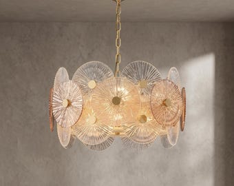 Postmodern Glass Disc Chandelier Gold Round Pendant Light Modern Glass Dining Room Lamp 60cm