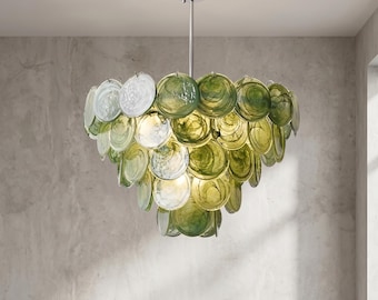 Großer Grüner Stil Murano Kronleuchter, Vintage Scheibenglas Deckenleuchte, Französisch Italienischer Stil