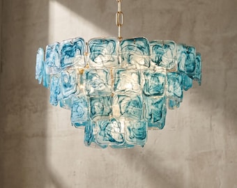 Lámpara de araña escalonada de cristal de Murano azul de 80 cm, lámpara colgante de lujo francesa e italiana.