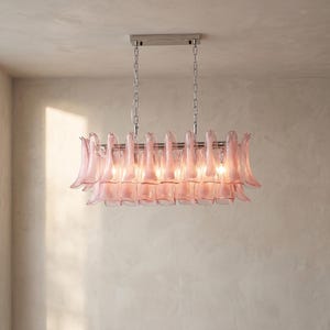 Murano style Pink Petal Glass Linear Chandelier, French Vintage Dining Table Light Fixture