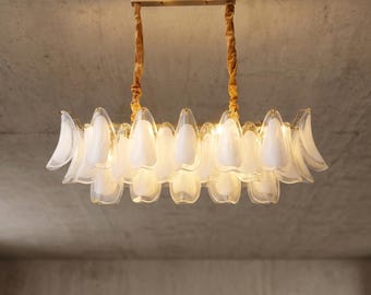 Horizontal Murano Glass Chandelier, White Petal Floral Dining Table Light