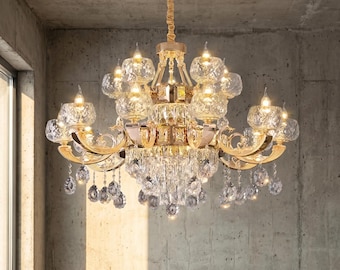 Large Luxury Crystal Chandelier 95cm, Modern Gold LED Ceiling Light, Elegant Living Room & Dining Room Pendant Fixture