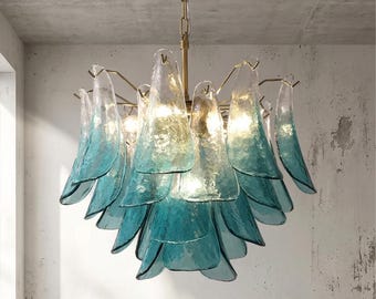 Blue Glass Petal Chandelier French Vintage Style Pendant Light Living Room Dining Room Ceiling Lamp