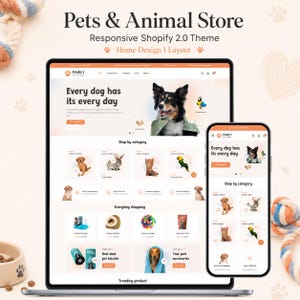 May include: A digital display of a website titled Pets & Animal Store, featuring a responsive Shopify 2.0 theme. The layout shows a dog, various pet categories, and product listings on both a desktop monitor and a mobile phone screen interface.