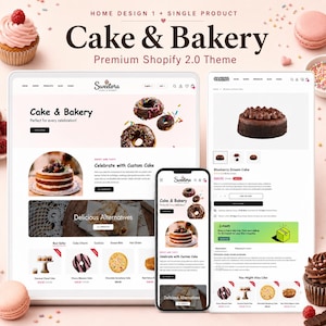 May include: A digital display of a Cake & Bakery Premium Shopify 2.0 theme featuring website layouts on a desktop monitor, a tablet, and a smartphone. The screens show product pages for cakes, donuts, and cookies with Sweetora branding.