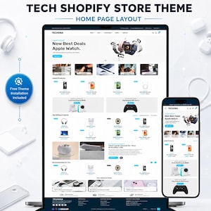 May include: A digital display of a Shopify store theme named Techora, featuring a home page layout on a desktop monitor and a mobile phone. The interface includes product listings for electronics, navigation menus, and promotional banners.