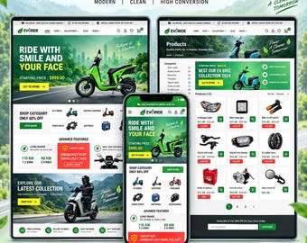 Electric Bike Shopify Theme | Bike Store Website Template | Responsive Ecommerce Design for E-Bike Accessories | Digital Download