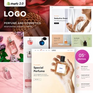 May include: A digital display of a Shopify 2.0 theme for perfume and cosmetics, featuring multiple website layout mockups, various glass perfume bottles, floral accents, and text including "Seductive Scent," "Special Perfume," and "05+ demos."