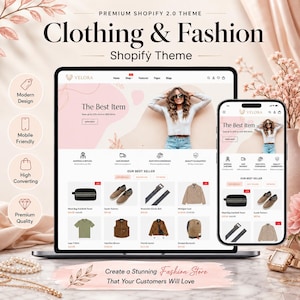 Pode incluir: Uma visualização digital de um tema Shopify 2.0 intitulado Clothing & Fashion da Velora, exibido em uma tela de laptop e smartphone. A interface apresenta uma paleta de cores rosa claro, listagens de produtos e menus de navegação.