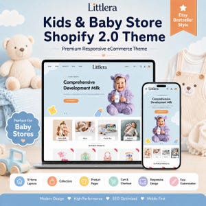 Könnte beinhalten: Eine digitale Darstellung des Littlera Kids & Baby Store Shopify 2.0 Themes auf einem Laptop und Smartphone. Der Bildschirm zeigt ein Website-Layout mit Babyprodukten, einem lila gekleideten Säugling und Text wie Comprehensive Development Milk.