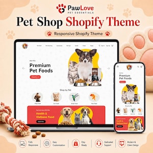Könnte beinhalten: Eine digitale Darstellung des PawLove Pet Essentials Shopify-Themes auf einem Laptop und Smartphone. Die Benutzeroberfläche zeigt Tierfutterkategorien, Tierbilder und Navigationsmenüs. Text beinhaltet Pet Shop Shopify Theme.